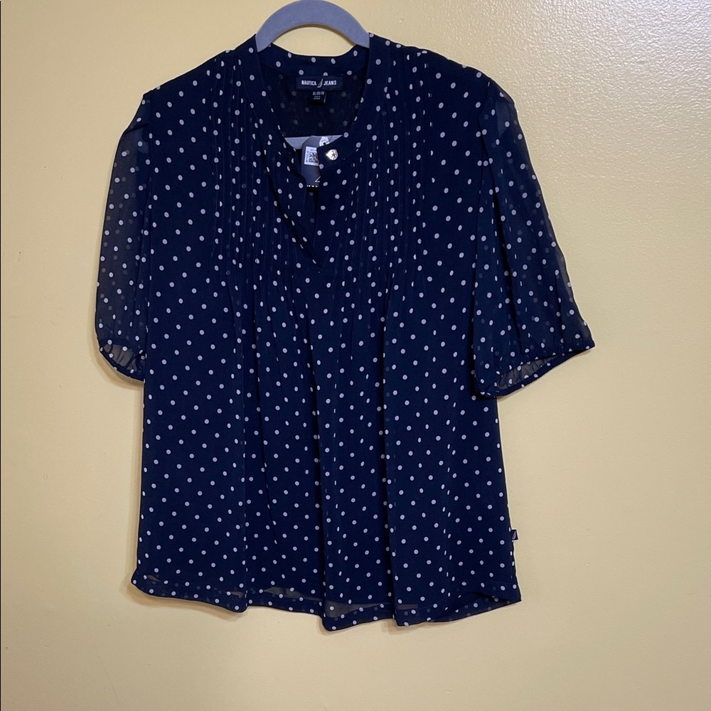 Nautica Navy and White Polka Dot Top